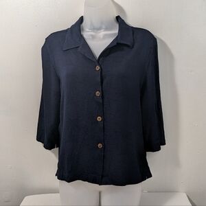 Caribbean Joe Women's Size PL Lightweight Jacquard Palm Trees Navy Blue Top